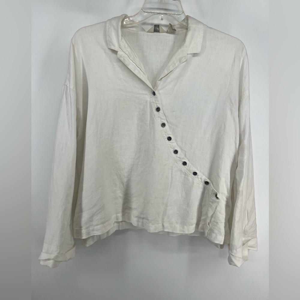 J.Jill white 100% linen button down 3/4 sleeve top size ML cuffed sleeves